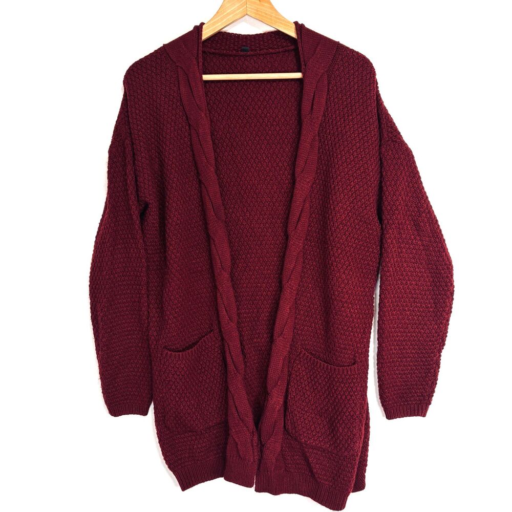 Women's Open Front Boyfriend Knit Chunky Cardigan‎ Sweater Sz S Burgundy Boho